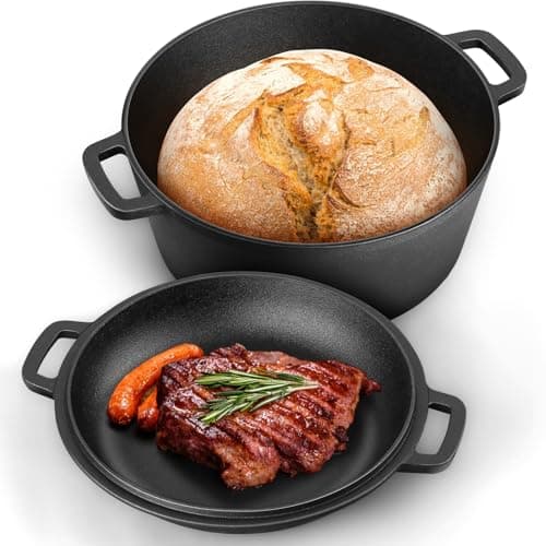 P&P CHEF 5Qt Dutch Oven Pot for Bread Baking (Black), 2 In 1 Round Cast Iron Dutch Oven with Lid Set, Skillet & Pot for Roasting Braising Stewing Frying Simmering, Multi Stoves & Oven Safe - Image 1