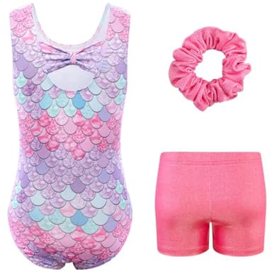 HOZIY Girls Gymnastics Outfit Mermaid Blue Pink Sparkle Bow Back Sleeveless Leotard+Shorts+Scrunchie Activewear Unitard Tumbling Outfits Size 5-6 - Image 2