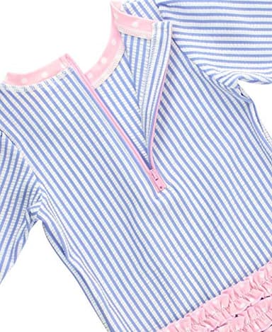 RuffleButts® Baby/Toddler Girls Long Sleeve One Piece Swimsuit - Blue Seersucker with UPF 50+ Sun Protection - 12-18m - Image 4