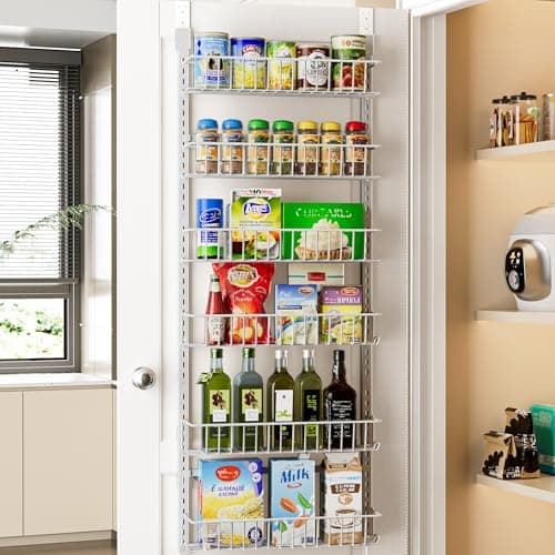 Delamu Adjustable Cabinet Door Organizer, 6-Tier Hanging Spice Rack Organizer, Metal Over the Door Pantry Organizer, Pantry Organizers and Storage Shelves for Kitchen Bathroom Laundry Room, White M - Image 1