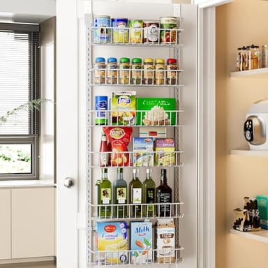 Delamu Adjustable Cabinet Door Organizer, 6-Tier Hanging Spice Rack Organizer, Metal Over the Door Pantry Organizer, Pantry Organizers and Storage Shelves for Kitchen Bathroom Laundry Room, White M - Image 1