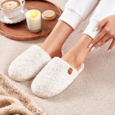 EverFoams Women's Fuzzy Slip-on Slippers Warm Cozy Soft Lightweight Memory Foam Indoor House Shoes Cream White, 9-10 US - Image 2