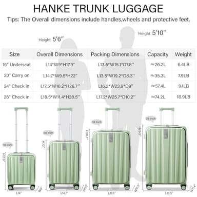Hanke 20 Inch Carry-On Luggage with Wheels PC Hard Shell Suitcases Top Opening Aluminum Frame Travel Luggage Suitcases for Woman Men.(Bamboo Green) - Image 5
