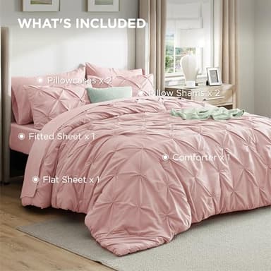 Bedsure Queen Comforter Set Pink - Bed in a Bag Queen Size 7 Pieces, GentleSoft™ Pintuck Bed Set Gift for Family, Pinch Pleat Pink Comforter with Sheets, Pillowcases & Shams - Image 9