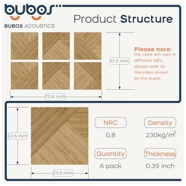 BUBOS Large Acoustic Panels,6 Pack Wood-Pattern Printing Soundproof Wall Panels, Total Size 70.8 x 47.2 Inches Self-Adhesive Decorative Sound Absorbing Panels for Studio, Home,Light Diamond Weave - Image 2