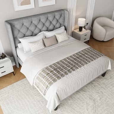 Einhomn Full Size Upholstered Bed Frame with Wingback Headboard, Fabric Linen Platform Bed, 8" Under Bed Storage, Wooden and Metal Slats Support, No Box Spring Needed, Light Grey - Image 8