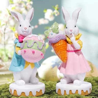 Hodao 2PCS Easter Bunny Couple Decoration Spring Rabbit Decor Figurines for Home, Holiday Celebrations Tabletopper Easter Bunny Decor Gifts for Party (White-Two) - Image 5