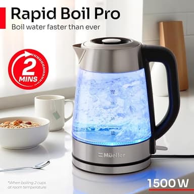 Mueller Rapid Boil Electric Kettle 1.8L – Borosilicate Glass & Stainless Steel – BPA-Free Tea Kettle, LED Light, Auto Shut-Off, Boil Dry Protection Water Heater – Fast Heating, Kitchen Appliances - Image 2