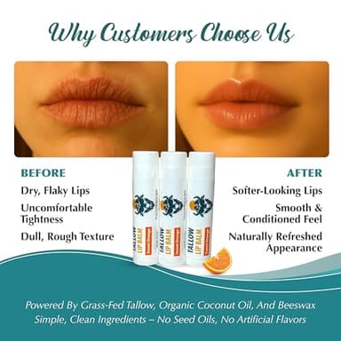 Moisturizing Tallow Lip Balm – Grass-Fed Beef Tallow with Organic Coconut Oil, Beeswax, and Vitamin E – Sweet Orange – Lip Balm Set – Travel Essential – 3-Pack - Image 4