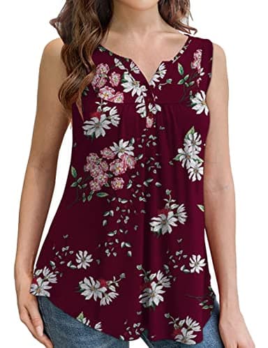 Othyroce Women Floral Tops Sleeveless V Neck Blouses Summer Fashion Burgundy 2X Shirts - Image 2