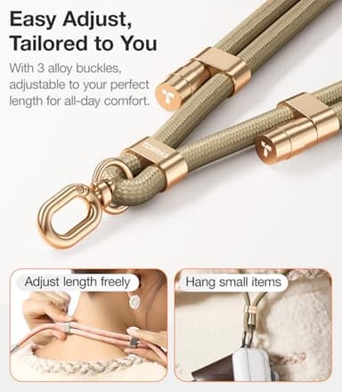 TORRAS Phone Lanyard Crossbody with 2 Phone Tabs, Adjustable Anti Theft Phone Strap for iPhone 17 Pro Max, Premium Metal Buckles, Universal Cell Phone Neck lanyard for Women and Men, Khaki - Image 3