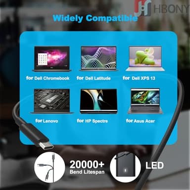 HBONY 65W 60W USB Type C Charger Compatible with Dell Laptop Latitude 5540 5440 7440 5450 e5430 5430 5530 7430 3450 5550 5350 7450 5420 7420 5520 e5440 Power Cord, XPS 13 Computer AC Adapter - Image 2