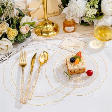Liacere 150PCS Clear Gold Plastic Plates - Disposable Plastic Silverware with Glitter Bamboo Handle Cutlery-Baroque Clear Gold Disposable Plates for Wedding & Party & Thanksgiving &Fall Decor - Image 6