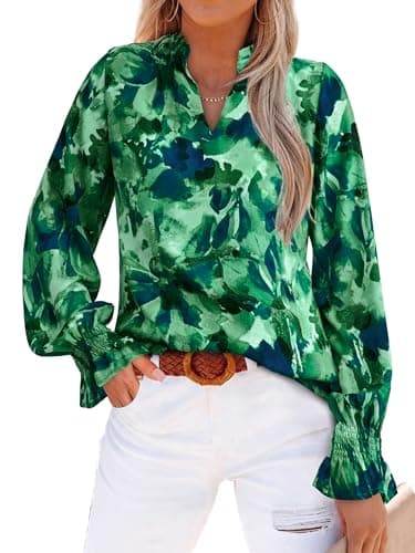 MASCOMODA Womens V Neck Floral Long Sleeve Tops 2025 Summer Casual Loose Puff Sleeve Chiffon Boho Work Blouse Dressy T Shirts(Green Flower,X-Large) - Image 1