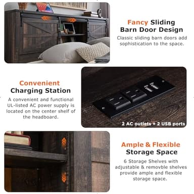 T4TREAM Farmhouse King Size Bed Frame w/Storage Bookcase Headboard, Sliding Barn Door, Charging Station, Rustic Wood Platform Bed w/Wood Slats Support, No Box Spring Needed, Dark Rustic Oak - Image 4