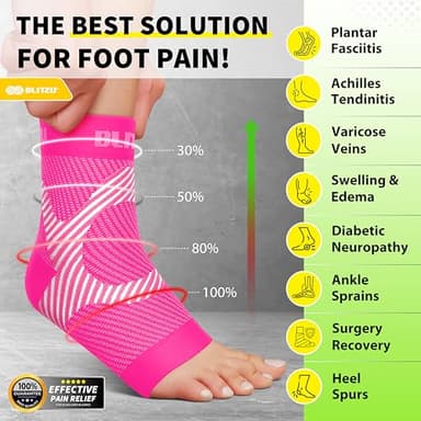 BLITZU Compression Socks for Plantar Fasciitis, Achilles Tendonitis, Arthritis Relief, Ankle Brace Compression Sleeve with Foot Arch Support, Ankle Wrap for Women, Men, Swelling & Heel Pain Pink S-M - Image 2
