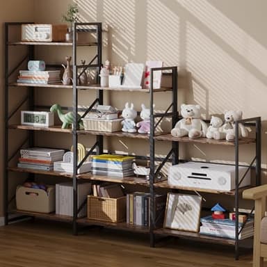 JSB No Assembly Folding Bookshelf, 5 Tier Industrial Metal Book Shelf for Storage, Vintage Wood Foldable Bookcase for Living Room, Bedroom, Office Organization Shelves - Image 5