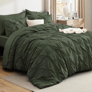 Bedsure Queen Comforter Set Olive Green - Bed in a Bag Queen Size 7 Pieces, GentleSoft™ Pintuck Bed Set Gift for Family, Pinch Pleat Olive Green Comforter with Sheets, Pillowcases & Shams - Image 1