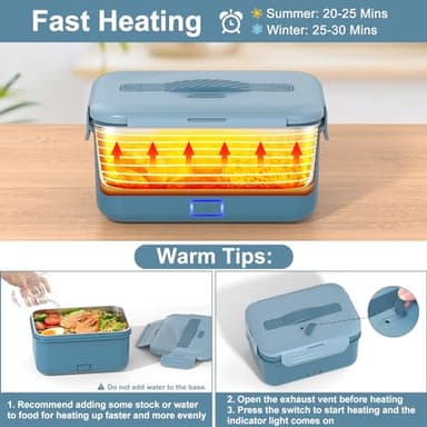 Vabaso Electric Lunch Box Food Heater, 1.8L/61oz Heated for Adults Car/Truck Home/Work, 60/80/100W Warmer Heating with Removable Stainless Steel Container, 12V/24V/110V220V Blue - Image 3