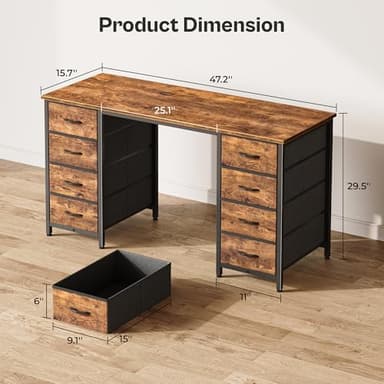 Huuger 47 Inch Computer Desk with 8 Fabric Drawers, Office Desk Work Desk for Home Office, Study, Gaming Desk with Drawers, Large Storage, Rustic Brown - Image 2