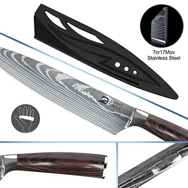 Dfito Chef Knife Sets with Roll Bag, 9 Pieces Professional Knife Set, High Carbon Stainless Steel Kitchen Chef Knife Set, Red Pakkawood Handle, Dishwasher Safe - Image 5