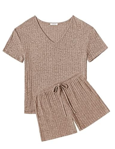 Ekouaer Womens 2 Piece Lounge Sets Summer Two Piece Outfits Ribbed Knit V Neck Short Sleeve Tee and Pockets Shorts Sets - Image 2