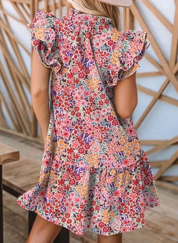 Dokotoo Floral Dress for Women Spring Summer 2025 Trendy Ruffle Cap Short Sleeve V-Neck Pockets Lightweight Tunic Dresses Boho Mini Short Beach Vacation Clothes for Women Multicolor Large - Image 2