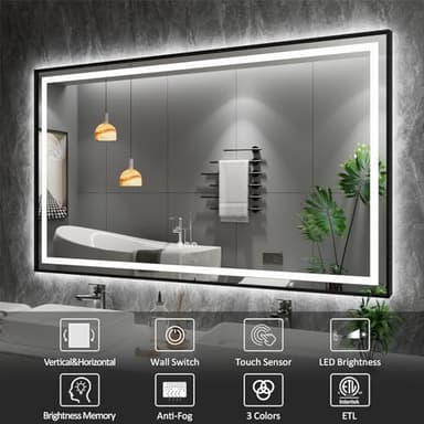 Amorho 84"X40" LED Bathroom Mirror Framed, Front Light and Backlit, Stepless Dimmable, Anti-Fog, Shatter-Proof, Memory, 3 Colors, Double LED Vanity Mirror - Image 3