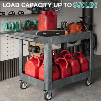 YITAHOME Utility Cart on Wheels, 550 lbs 2 Shelf Heavy Duty Rolling Carts, 45 x 25 in Plastic Service Cart Work Carts with Wheels for Warehouse Garage School & Office, Cleaning, Gray - Image 2