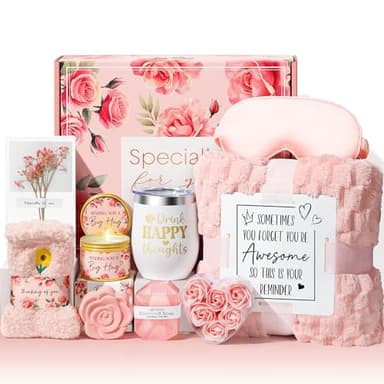 Birthday Gifts for Women Self Care Gifts, Rose Spa Gifts Baskets Bath Set Get Well Gifts Care Package Relaxation Valentines Day Gifts for Her Women Mom Sister Friend Wife Girlfriend Teacher w/ Blanket - Image 1