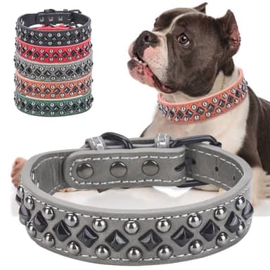 Stylish PU Leather Dog Collar with Alloy Buckle, Black Diamond Rivets, Adjustable, Durable for Small, Medium, Large Dogs - Grey M - Image 1