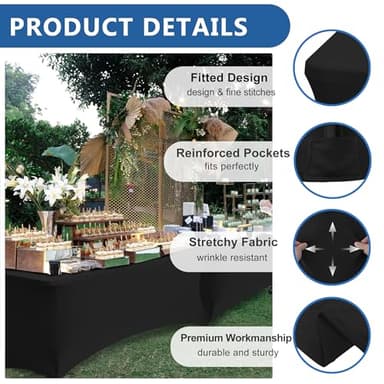 Enjoyidea Spandex Table Cover for 6 foot Rectangle Tables-6 Pack Fitted Stretch Black Tablecloth-Elastic 6ft Folding Tablecloths for Party, Vendor Booth Display, Banquet Buffet Event, Craft Trade Show - Image 2
