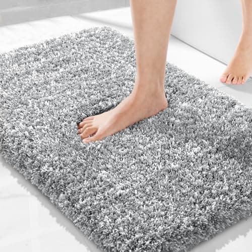 Yimobra Bathroom Rugs Non Slip Washable 32x20, Ultra Soft and Water Absorbent Bath Mats, Plush Fluffy Shower Mat Outside, Microfiber Thick Matts for Bathroom Floor/Tub, Light Gray and White - Image 1