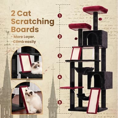 Gitelsnour Cat Tree for Indoor Cats, 71'' (180cm) Multi-Level Cat Tower for Large Adult, Gothic Sturdy Cat Tree House with 2 Scratching Boards 7 Posts, 2 Plush Perches/Condos, Hammock, Black GCT032BR - Image 2