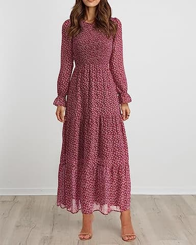 BTFBM Women Casual Long Sleeve Crew Neck Fall Dress Bohemian Relaxed Fit Floral Flowy Maxi Dresses Tiered Cocktail Dress(Floral Red White,Medium) - Image 4