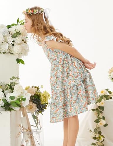 GRACE KARIN Girls Spring Dress Tie Back Flutter Sleeve Dress Green Floral 7Y - Image 7