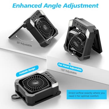 Camping Fan Battery Powered & Solar Powered, Portable Solar Fan 10000mAh Rechargeable Outdoor Fans with Light, Quiet Cordless Fans for Tent, RV, Emergency, Hiking, Power Outage, Desk, Survival Kit - Image 3