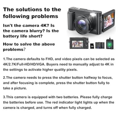 4K Digital Camera for Photography and Video, Autofocus Anti-Shake 48MP Vlogging Camera for YouTube, 3'' 180°Flip Screen Camera with Flash 16X Zoom, Digital Camera with 32GB Card Battery Charger Black - Image 9