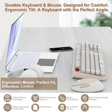 Cream Wireless Keyboard Mouse, COOFUN 104 Keys Full Size White Keyboard Ergonomic Cordless Keyboards Cute Colorful Retro Typewriter Key Board for Windows, PC, Laptop, Desktop (Creamy) - Image 2