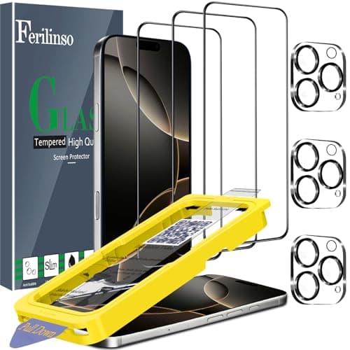 Ferilinso [Auto Dust Install] 3 Pack Screen Protector for iPhone 16 Pro [Phone Case fit], 3 Tempered Glass Camera Lens Protector Accessories for Apple - Image 1
