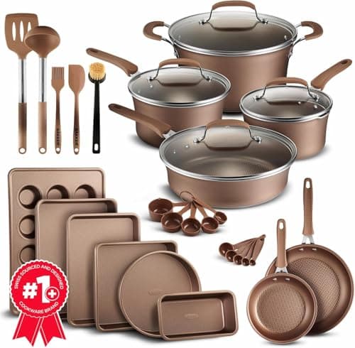 Pots and Pans Set, 23-Piece Non Stick Cookware & Bakeware Sets with Plaid Pattern, Stackable Design, Dishwasher Safe, Stain-resistant, Oven & All-Stove Safe, Tempered Glass Lid, Golden - Image 1