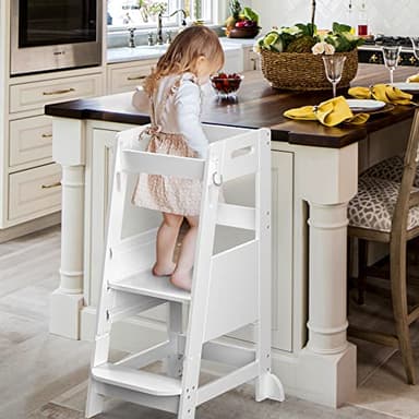 TOETOL Bamboo Toddler Kitchen Step Stool White Helper Standing Tower Height Adjustable with Anti-Slip Protection for Kids Kitchen Counter Learning - Image 2