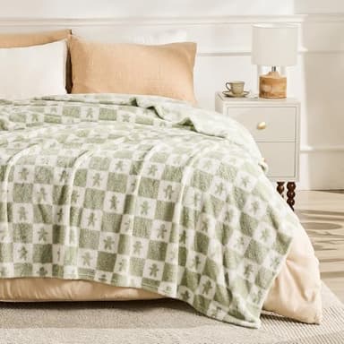 EMME Checkered Blanket Twin Size - 60"x80" Green Knit Blanket Soft Fluffy Patterned Throw Blankets for Couch, Sofa, Chair, Bed, Camping, Picnic, Travel - Image 4