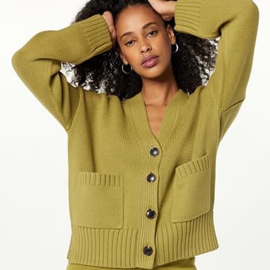 The Drop Women's Brigitte Cotton Blend Chunky Cardigan, Olive Oil, M - Image 3