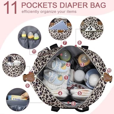 Pritent Diaper Bag Tote - Diaper Baby Bags with Pacifier Case, Shoulder Straps, Stroller Clips, Waterproof Large Mommy Maternity Travel Baby Bag for Mom and Dad, Leopard, Medium - Image 3