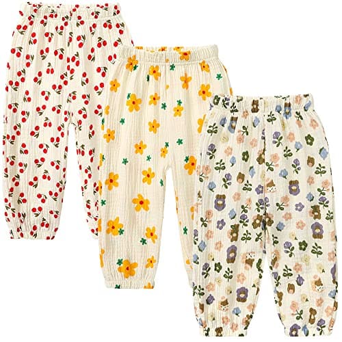 GFQLONG Toddler Baby Girls 3 Pack Elastic Waist Pants Soft Cotton Linen Harem Bloomers Summer Fall Long Pants,Flowers,5-6Y - Image 1