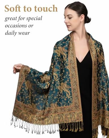 Achillea Soft Silky Reversible Paisley Pashmina Shawl Wrap Scarf w/Fringes (Dark Seagreen) - Image 2