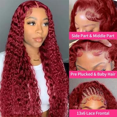250% Density 99J Burgundy 13x6 Deep Wave HD Lace Front Wigs Human Hair for Women Glueless Burgundy Deep Curly Lace Frontal Wigs Brazilian Virgin Human Hair Wigs Pre Plucked with Baby Hair(#99j,30Inch) - Image 2