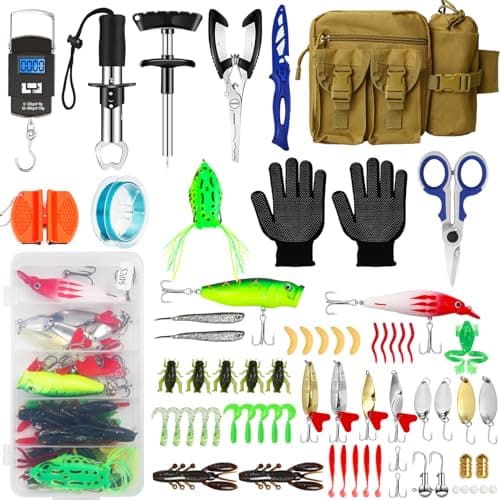 AOFUXTI Fishing Tool Kit - Fishing Pliers Kit, 112Pcs Fishing Gear and Equipment, with Fish Hook Remover, Fishing Scale, Fishing Scissors, Fish Lip Gripper, Fishing Lures, for Man and Women, Blue - Image 1