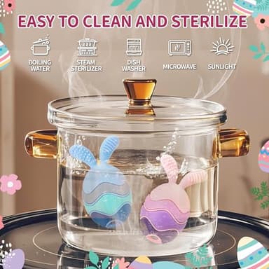 Easter Egg Bunny Baby Teether for Easter Basket Stuffers, Rabbit Egg Rattle Toy Teething for Easter Basket Essentials Infant Boys & Girls First Gifts with 2 Packs Easter Egg Pacifier Clip, 3 Months+ - Image 5
